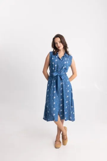 Midi Denim Φόρεμα με Σχέδιο από Κεντητά Λουλούδια